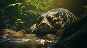 Giant anaconda yellow eyes stalking prey, detailed vegetation and waterfall in amazon rainforest background, cinematic shoot, ultrareal, morning light