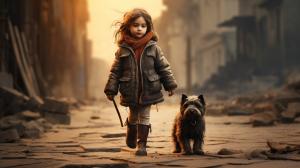 Little girl walking with a dog in the street