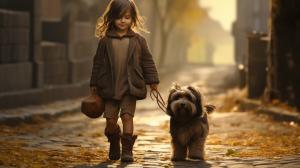 Little girl walking with a dog in the street