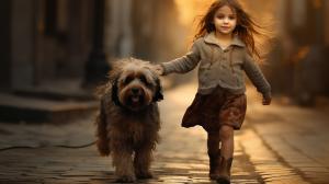 Little girl walking with a dog in the street