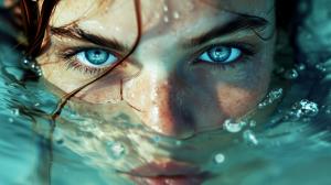 the face of woman with beautiful blue eyes, in water, in the style of dystopian realism, realistic perspective, xbox 360 graphics, surrealistic realism, emotive realism, soggy, eerily realistic --v 6