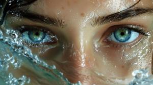 the face of woman with beautiful blue eyes, in water, in the style of dystopian realism, realistic perspective, xbox 360 graphics, surrealistic realism, emotive realism, soggy, eerily realistic --v 6