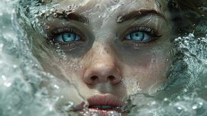 the face of woman with beautiful blue eyes, in water, in the style of dystopian realism, realistic perspective, xbox 360 graphics, surrealistic realism, emotive realism, soggy, eerily realistic --v 6