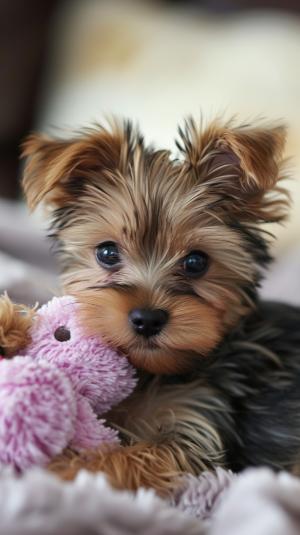 Cute yorkie playing with a toy. --v 6