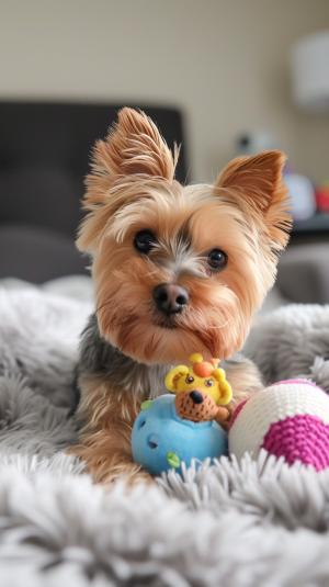 Cute yorkie playing with a toy. --v 6