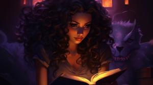 cute demon girl reading a book, dark skin, curly hair profile picture, pretty colors