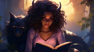 cute demon girl reading a book, dark skin, curly hair profile picture, pretty colors