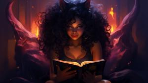 cute demon girl reading a book, dark skin, curly hair profile picture, pretty colors