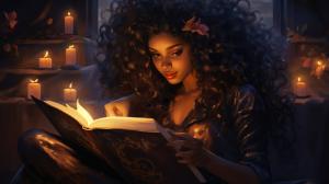 cute demon girl reading a book, dark skin, curly hair profile picture, pretty colors