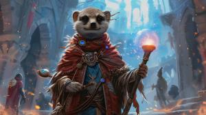 TCG card Illustration by alphredito of an archane wizard meerkat anthropomorphic character design, elegant academy core colorful detailed