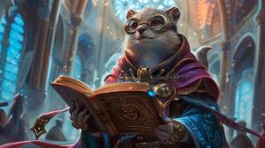 TCG card Illustration by alphredito of an archane wizard meerkat anthropomorphic character design, elegant academy core colorful detailed