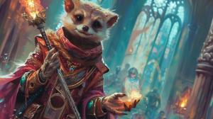 TCG card Illustration by alphredito of an archane wizard meerkat anthropomorphic character design, elegant academy core colorful detailed