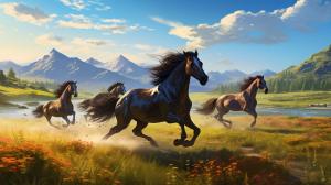 Horses running on the sunny field