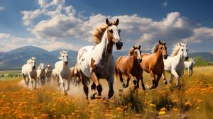 Horses running on the sunny field