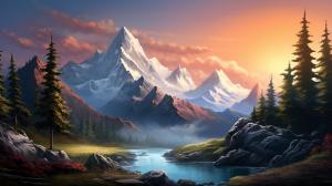 Create a stunning mystical mountain landscape with tall snowy peaks and dense forests in the epic style of Bob Ross.