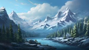 Create a stunning mystical mountain landscape with tall snowy peaks and dense forests in the epic style of Bob Ross.