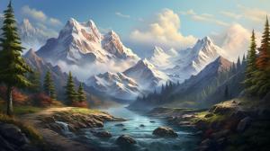 Create a stunning mystical mountain landscape with tall snowy peaks and dense forests in the epic style of Bob Ross.