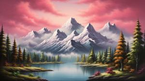 Create a stunning mystical mountain landscape with tall snowy peaks and dense forests in the epic style of Bob Ross.