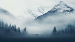 snowy mountain with fog