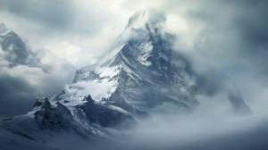 snowy mountain with fog