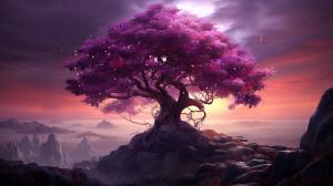 Árbol de cerezo con atardecer morado
