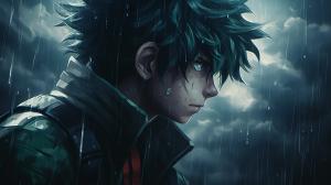 Izuku Midoriya en su etapa seinen bajo la lluvia
