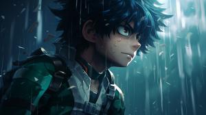 Izuku Midoriya en su etapa seinen bajo la lluvia
