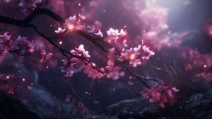 Fantasy theme mystic flare cherry blossoms smoth with soft dark atmosphere and dark colors with amazing shaders and lights in 1440p