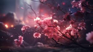 Fantasy theme mystic flare cherry blossoms smoth with soft dark atmosphere and dark colors with amazing shaders and lights in 1440p