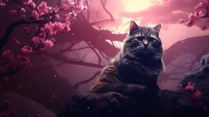 Fantasy theme mystic flare cherry blossoms smoth with soft dark atmosphere and dark colors with amazing shaders and lights with a fantasy cat in 1440p