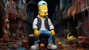 A Simpson with drip, with bart and other characters, black hat, black and white hoodie, nike shoes, in a cool place of the world have style and in a chill weather