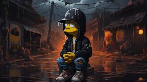 A Simpson with drip, with bart and other characters, black hat, black and white hoodie, nike shoes, in a cool place of the world have style and in a chill weather