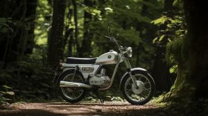 a white and black white tomos a35 with dark trees in the background
