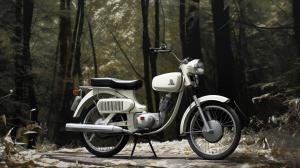 a white and black white tomos a35 with dark trees in the background
