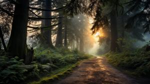 Misty enhanced forest path at dawn