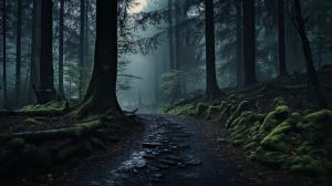 Misty enhanced forest path at dawn