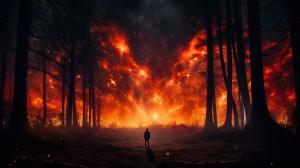 A forest on fire at night with a mysterious figure in the background 