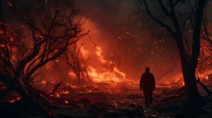 A forest on fire at night with a mysterious figure in the background 