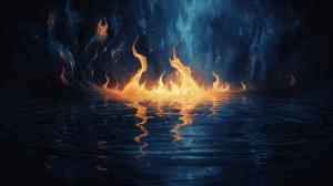 A blue flame  burning over a reflective pool of water at night with a very dark background, very detailed, creepy