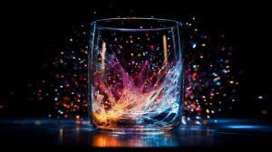 A laser shooting glass at night with colorful particle effects everywhere around it, extremely detailed and beautiful 