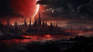 A massive crimson moon over a highly detailed dystopian city at night