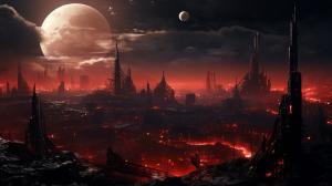 A massive crimson moon over a highly detailed dystopian city at night