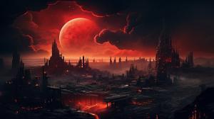 A massive crimson moon over a highly detailed dystopian city at night