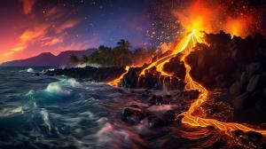 Multi colored lava shooting from a volcano and flowing down into the ocean on an island at night, with millions of stars in the night sky