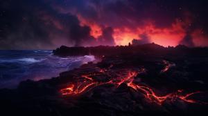 Multi colored lava shooting from a volcano and flowing down into the ocean on an island at night, with millions of stars in the night sky