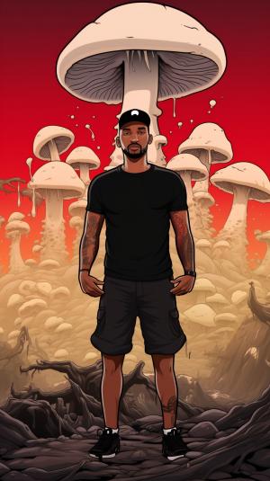 overtripped written in background with mushroom  on it.. a cartoon  blac man standing beside it saying tripped