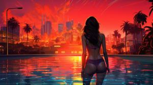 Bikini, city, brunette, neon, red, sunset, pool
