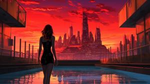 Bikini, city, brunette, neon, red, sunset, pool
