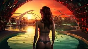 Back arching, bikini, pool, brunette, cyberpunk, sunset, red, orange, green
