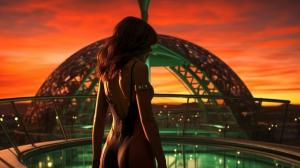 Back arching, bikini, pool, brunette, cyberpunk, sunset, red, orange, green
